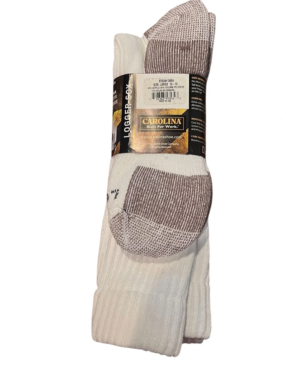Carolina Men Logger Sox Socks 2 Pairs of White Boot Large 10-13 Made in USA